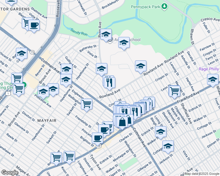 map of restaurants, bars, coffee shops, grocery stores, and more near 3249 Ryan Avenue in Philadelphia
