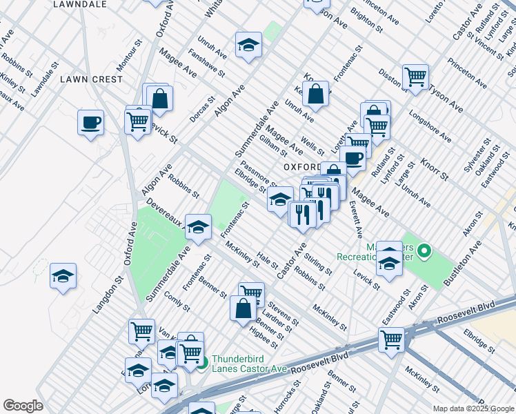 map of restaurants, bars, coffee shops, grocery stores, and more near 1216 Levick Street in Philadelphia