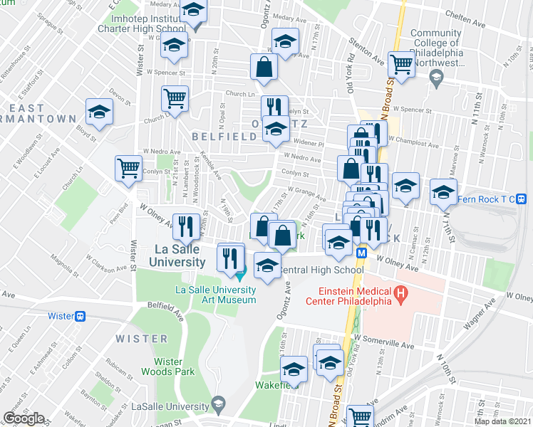 map of restaurants, bars, coffee shops, grocery stores, and more near 5700 North 17th Street in Philadelphia