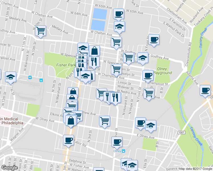 map of restaurants, bars, coffee shops, grocery stores, and more near 238 Widener Street in Philadelphia