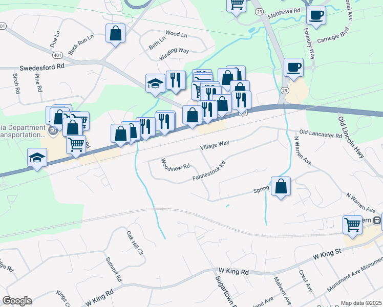 map of restaurants, bars, coffee shops, grocery stores, and more near 68 Village Way in Malvern