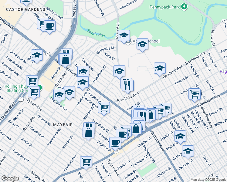 map of restaurants, bars, coffee shops, grocery stores, and more near 3231 Teesdale Street in Philadelphia