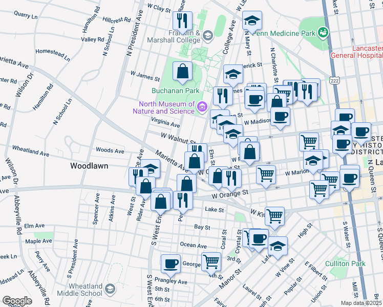 map of restaurants, bars, coffee shops, grocery stores, and more near 250 College Avenue in Lancaster