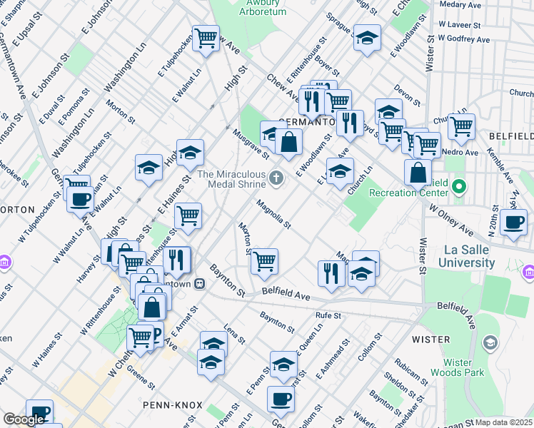 map of restaurants, bars, coffee shops, grocery stores, and more near 440 East Woodlawn Street in Philadelphia