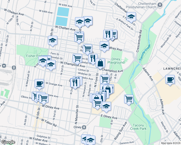 map of restaurants, bars, coffee shops, grocery stores, and more near 128 Linton Street in Philadelphia