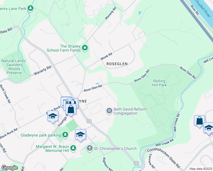 map of restaurants, bars, coffee shops, grocery stores, and more near 1209 Rose Glen Road in Gladwyne