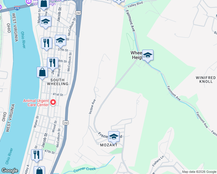 map of restaurants, bars, coffee shops, grocery stores, and more near 262 Frazier Run Road in Wheeling