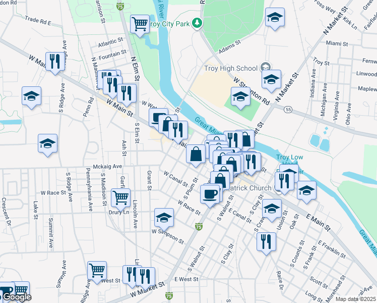 map of restaurants, bars, coffee shops, grocery stores, and more near 322 West Main Street in Troy