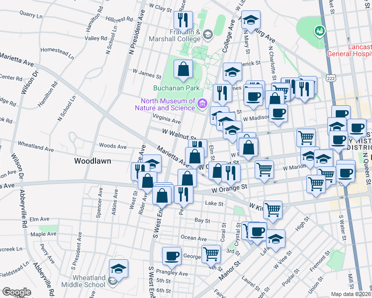 map of restaurants, bars, coffee shops, grocery stores, and more near 250 College Avenue in Lancaster