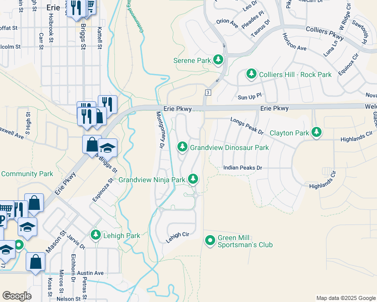 map of restaurants, bars, coffee shops, grocery stores, and more near 215 McAfee Circle in Erie