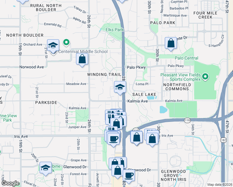 map of restaurants, bars, coffee shops, grocery stores, and more near 3653 Hazelwood Court in Boulder