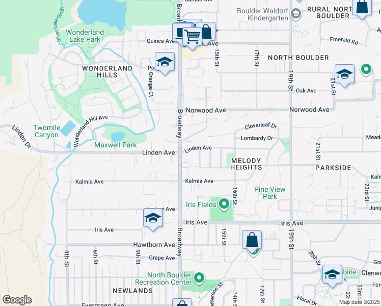 map of restaurants, bars, coffee shops, grocery stores, and more near 1290 Linden Avenue in Boulder