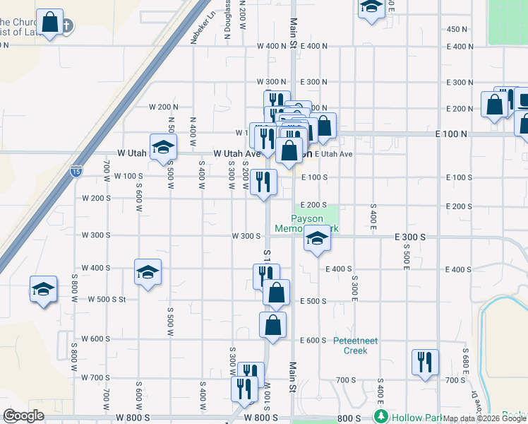 map of restaurants, bars, coffee shops, grocery stores, and more near 97 West 200 South in Payson