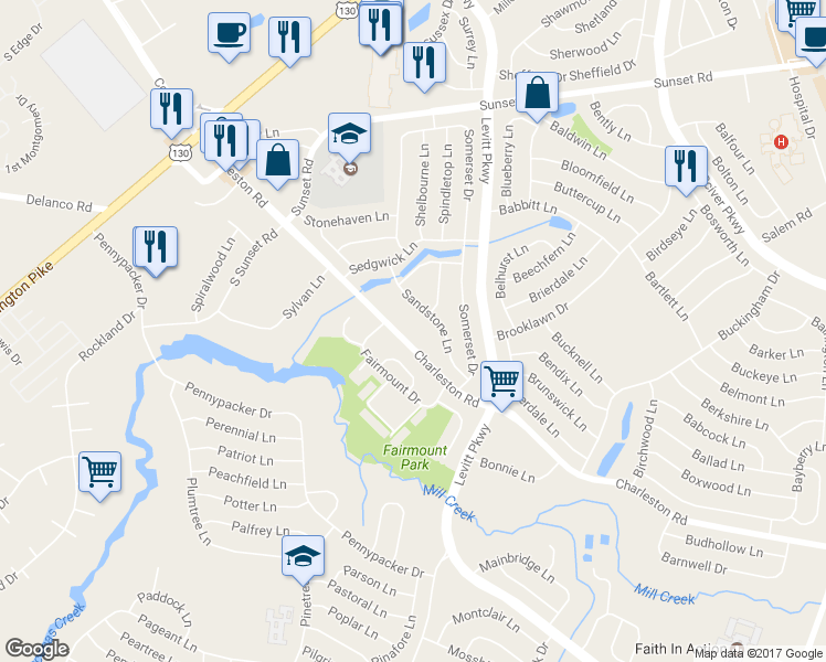 map of restaurants, bars, coffee shops, grocery stores, and more near 223 Charleston Road in Willingboro