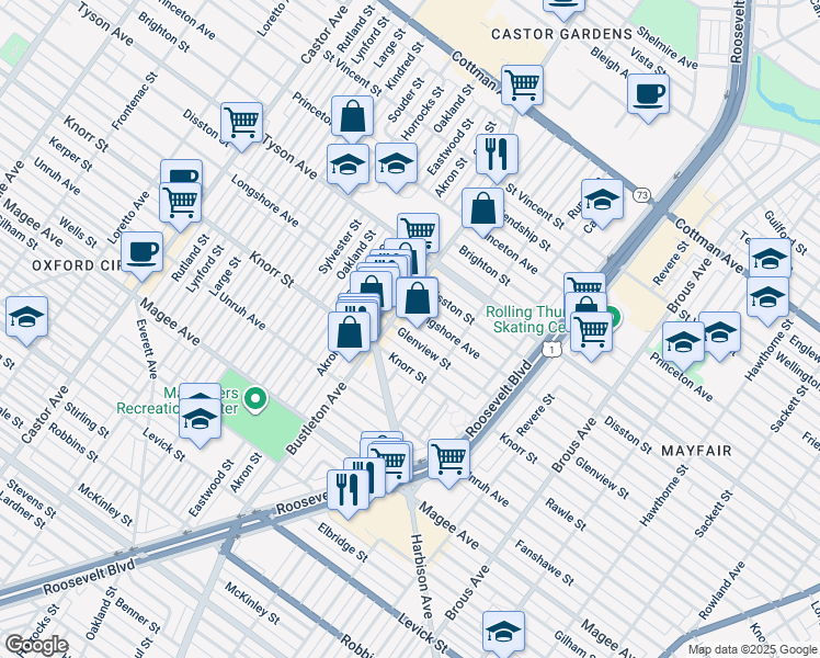 map of restaurants, bars, coffee shops, grocery stores, and more near 2117 Glenview Street in Philadelphia