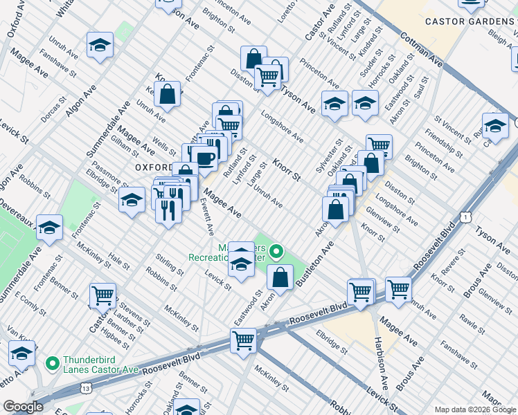 map of restaurants, bars, coffee shops, grocery stores, and more near 6618 Kindred Street in Philadelphia