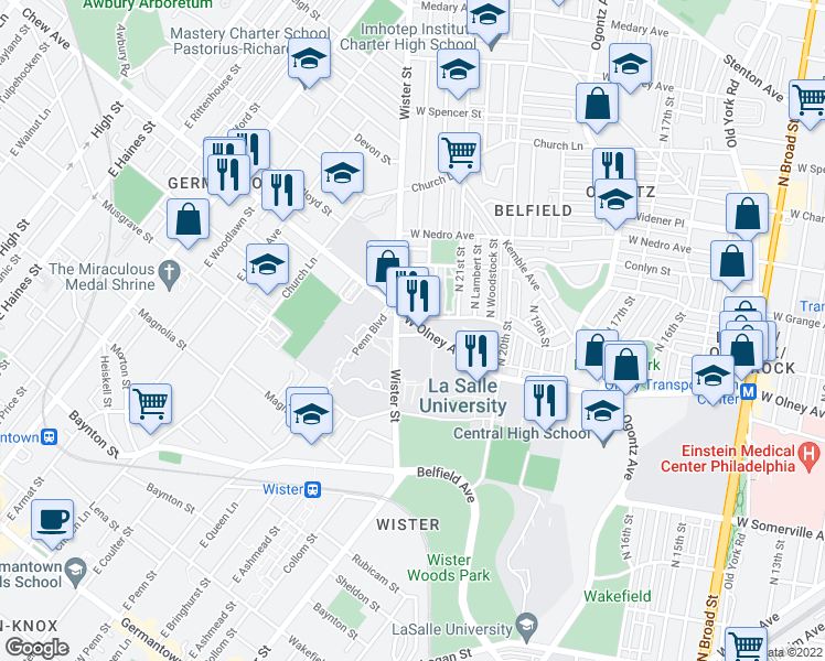 map of restaurants, bars, coffee shops, grocery stores, and more near 2153 Elkins Avenue in Philadelphia
