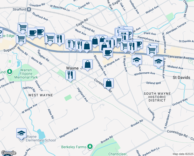 map of restaurants, bars, coffee shops, grocery stores, and more near 1 Wicklow Court in Wayne