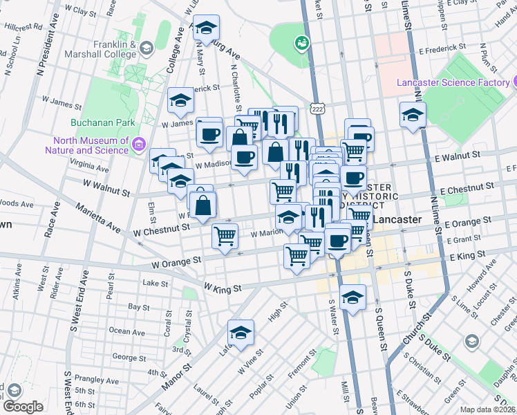 map of restaurants, bars, coffee shops, grocery stores, and more near 216 North Concord Street in Lancaster