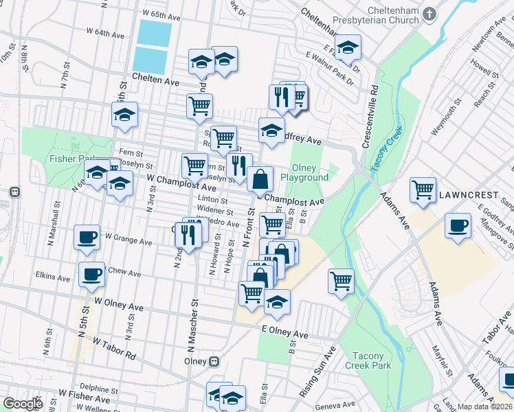 map of restaurants, bars, coffee shops, grocery stores, and more near 5943 North Front Street in Philadelphia