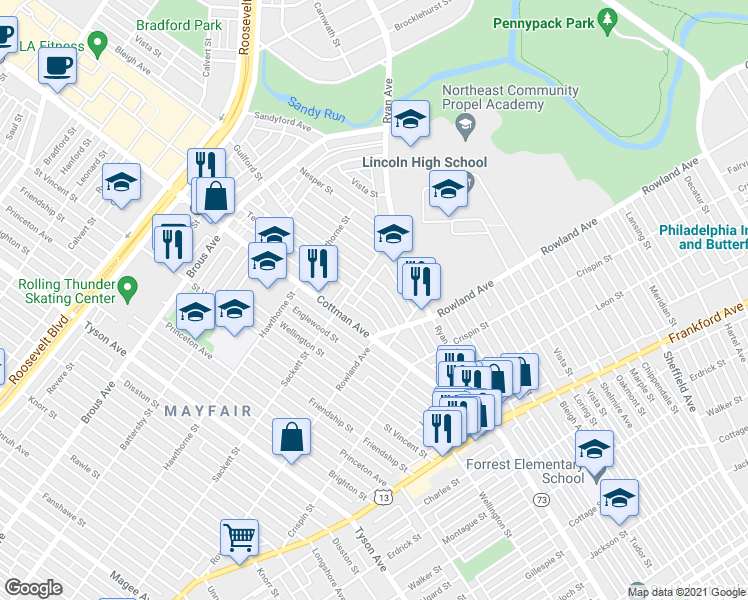 map of restaurants, bars, coffee shops, grocery stores, and more near 3231 Teesdale Street in Philadelphia
