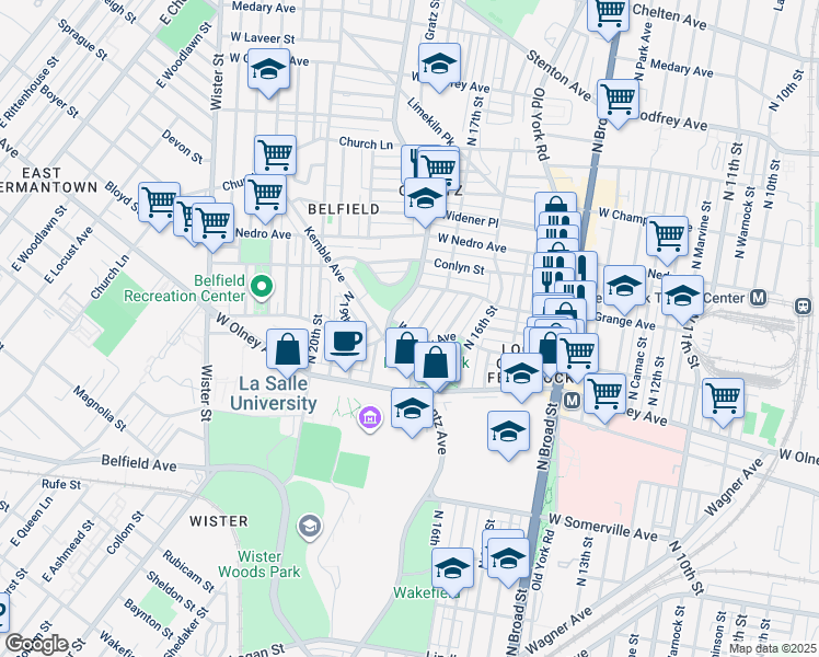 map of restaurants, bars, coffee shops, grocery stores, and more near 5700 North 17th Street in Philadelphia