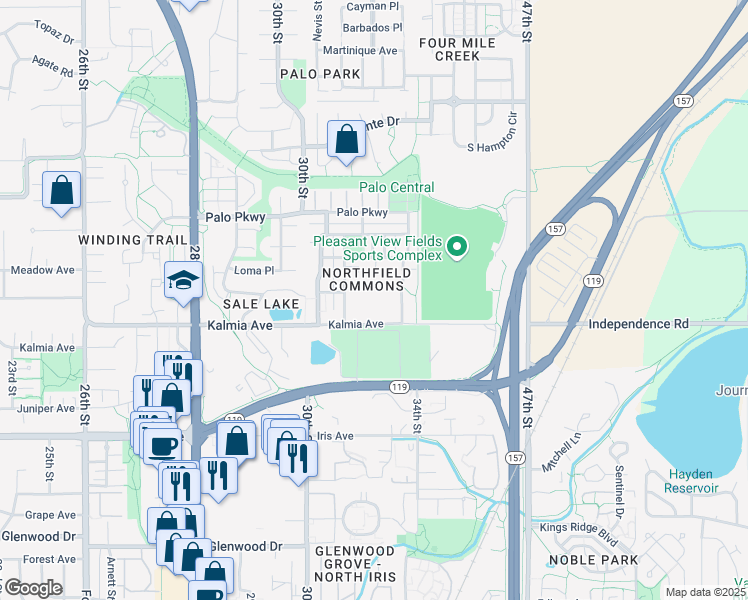 map of restaurants, bars, coffee shops, grocery stores, and more near 3245 Kalmia Avenue in Boulder