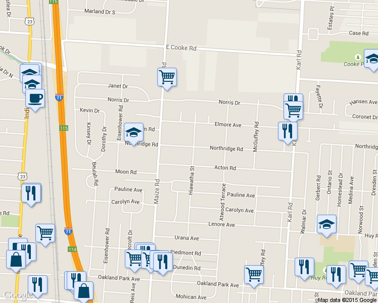 map of restaurants, bars, coffee shops, grocery stores, and more near 1099 Northridge Road in Columbus