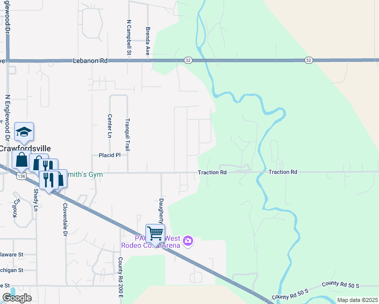map of restaurants, bars, coffee shops, grocery stores, and more near 103 Bentley Drive in Crawfordsville
