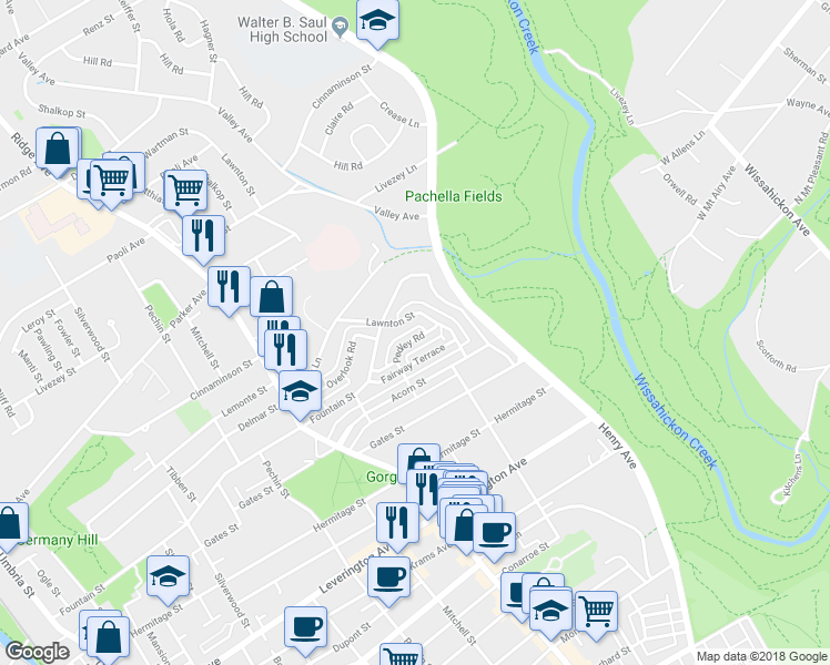 map of restaurants, bars, coffee shops, grocery stores, and more near 578 Pedley Road in Philadelphia