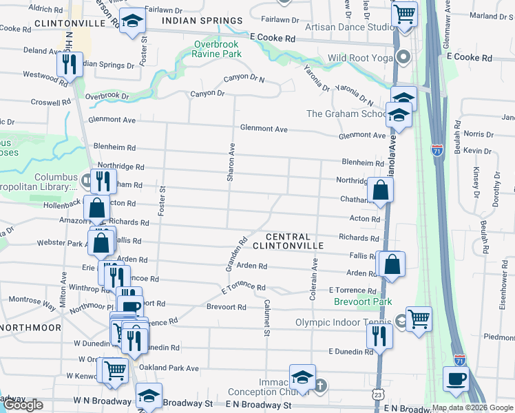 map of restaurants, bars, coffee shops, grocery stores, and more near 348 Acton Road in Columbus