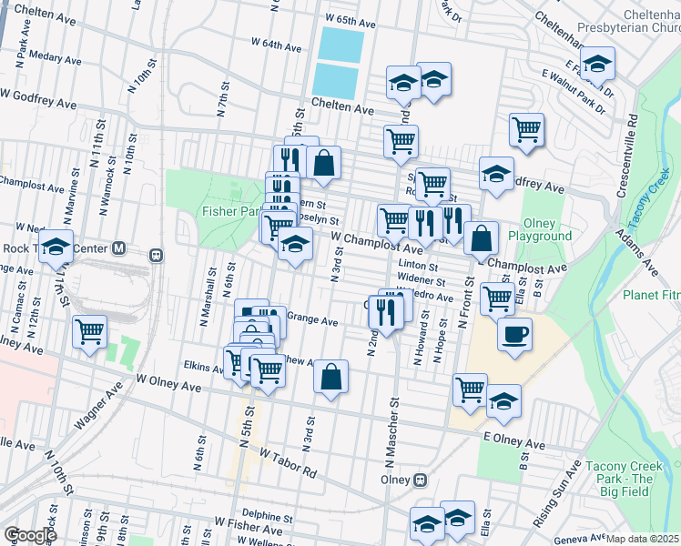 map of restaurants, bars, coffee shops, grocery stores, and more near 5909 North 3rd Street in Philadelphia