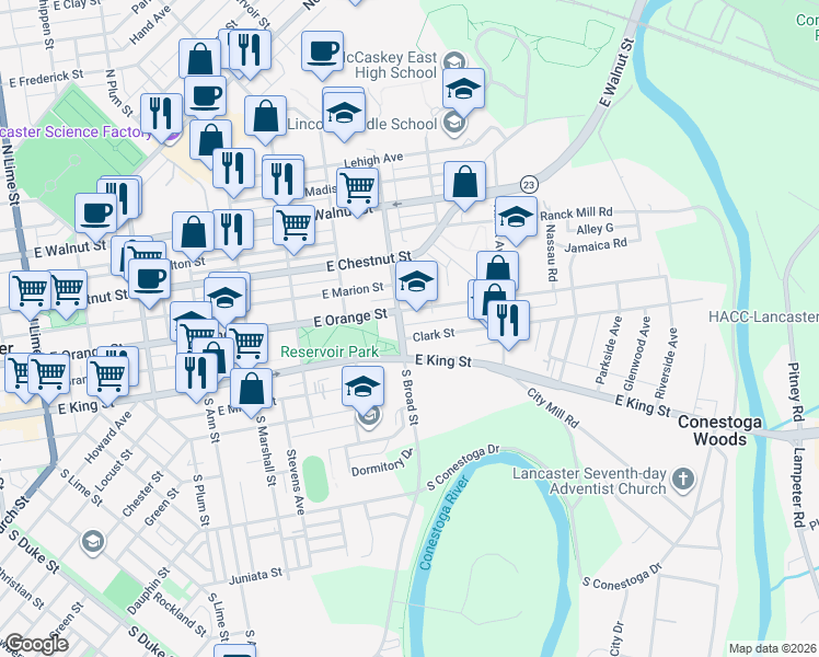 map of restaurants, bars, coffee shops, grocery stores, and more near 27 North Broad Street in Lancaster