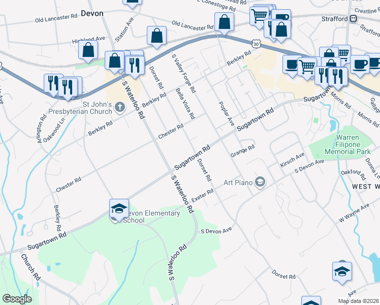 map of restaurants, bars, coffee shops, grocery stores, and more near 117 Sugartown Road in Devon