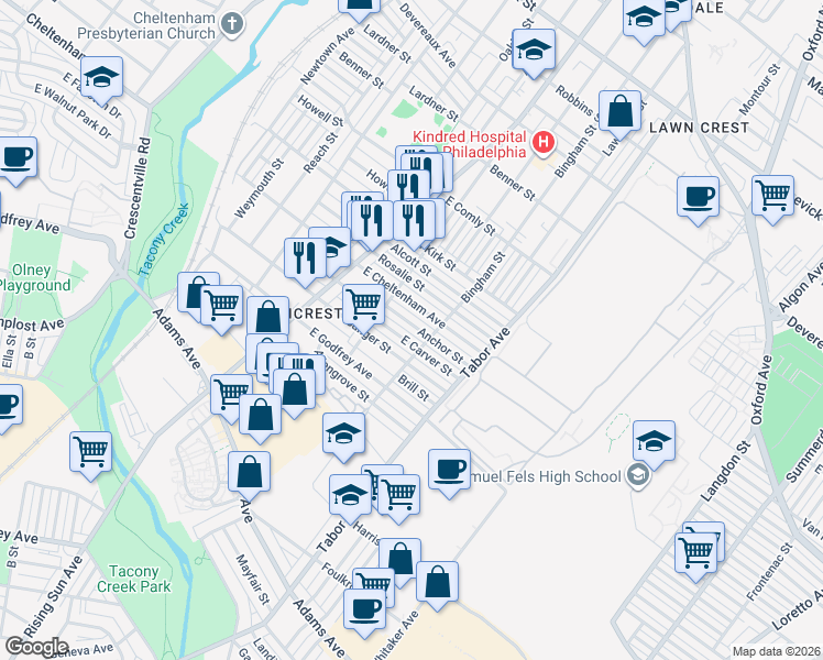 map of restaurants, bars, coffee shops, grocery stores, and more near 576 Anchor Street in Philadelphia