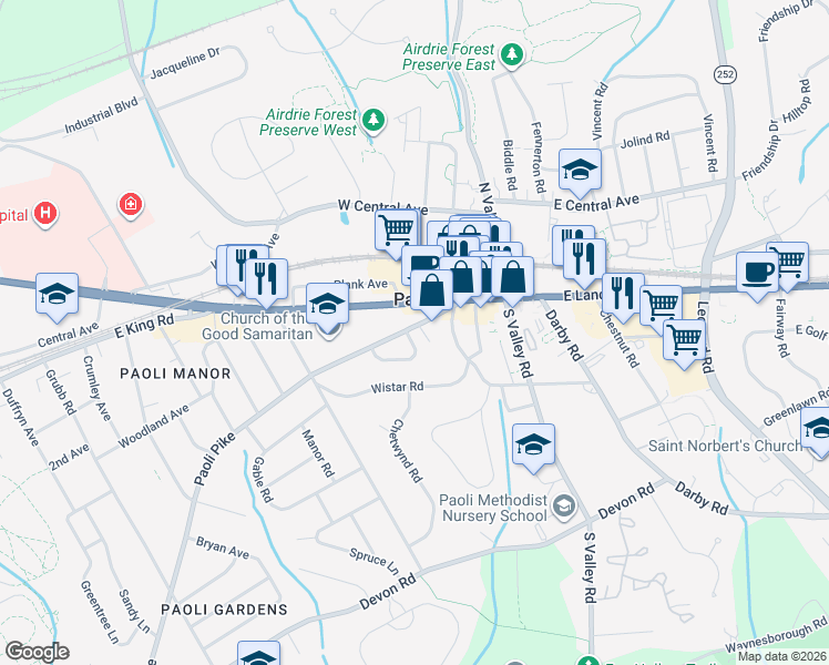 map of restaurants, bars, coffee shops, grocery stores, and more near 100 Richmond Road in Paoli