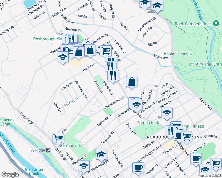 map of restaurants, bars, coffee shops, grocery stores, and more near 6743 Mitchell Street in Philadelphia