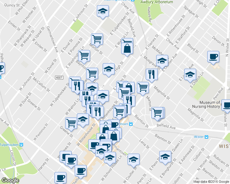 map of restaurants, bars, coffee shops, grocery stores, and more near 208 East Haines Street in Philadelphia