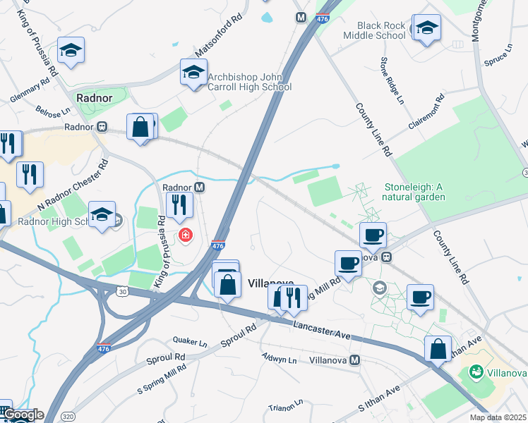 map of restaurants, bars, coffee shops, grocery stores, and more near 245 Ashwood Road in Villanova