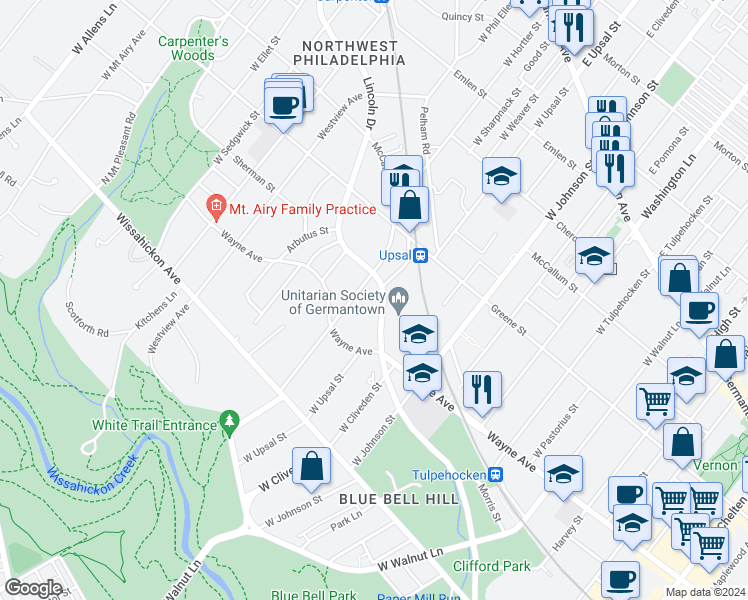 map of restaurants, bars, coffee shops, grocery stores, and more near 6512 Lincoln Drive in Philadelphia