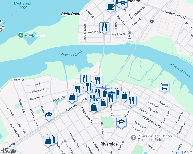 map of restaurants, bars, coffee shops, grocery stores, and more near 312 North Pavilion Avenue in Riverside