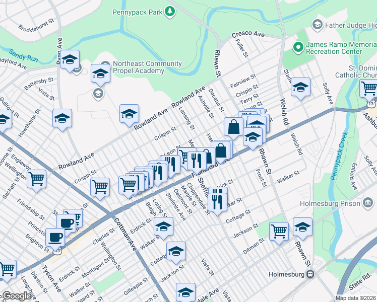 map of restaurants, bars, coffee shops, grocery stores, and more near 3507 Sheffield Avenue in Philadelphia