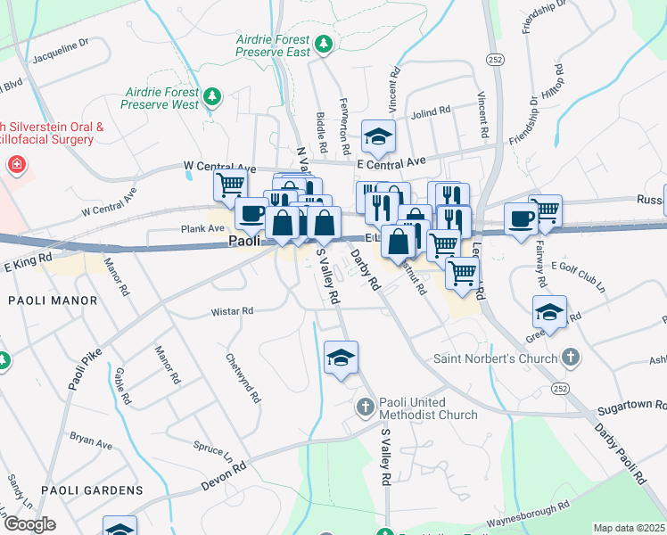 map of restaurants, bars, coffee shops, grocery stores, and more near 41 Village Square in Paoli