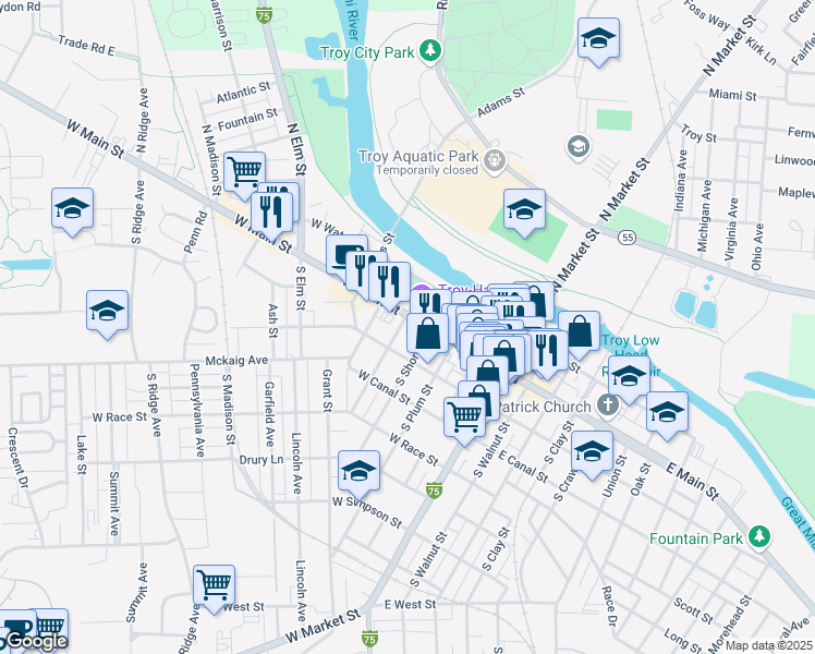 map of restaurants, bars, coffee shops, grocery stores, and more near 322 West Main Street in Troy