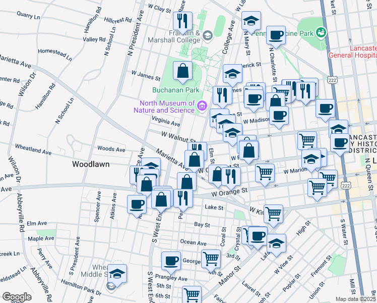map of restaurants, bars, coffee shops, grocery stores, and more near 250 College Avenue in Lancaster