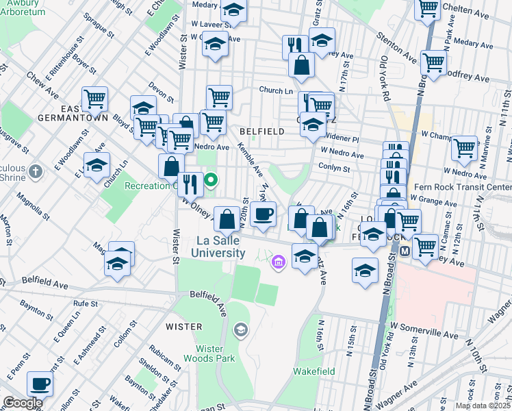 map of restaurants, bars, coffee shops, grocery stores, and more near 1925 West Chew Avenue in Philadelphia