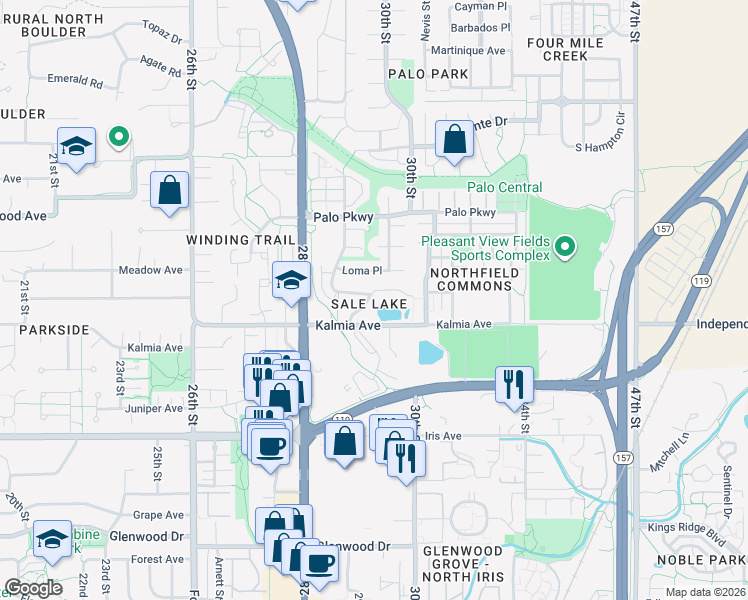 map of restaurants, bars, coffee shops, grocery stores, and more near 2930 Island Drive in Boulder