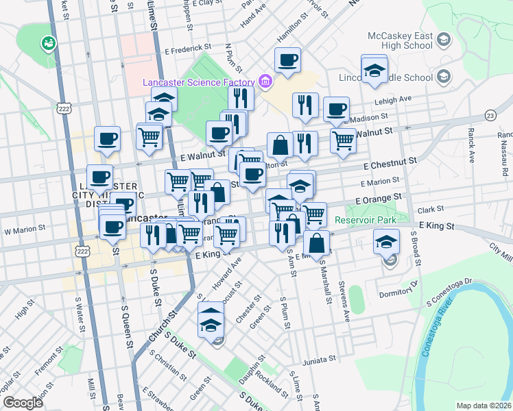 map of restaurants, bars, coffee shops, grocery stores, and more near 117 North Plum Street in Lancaster