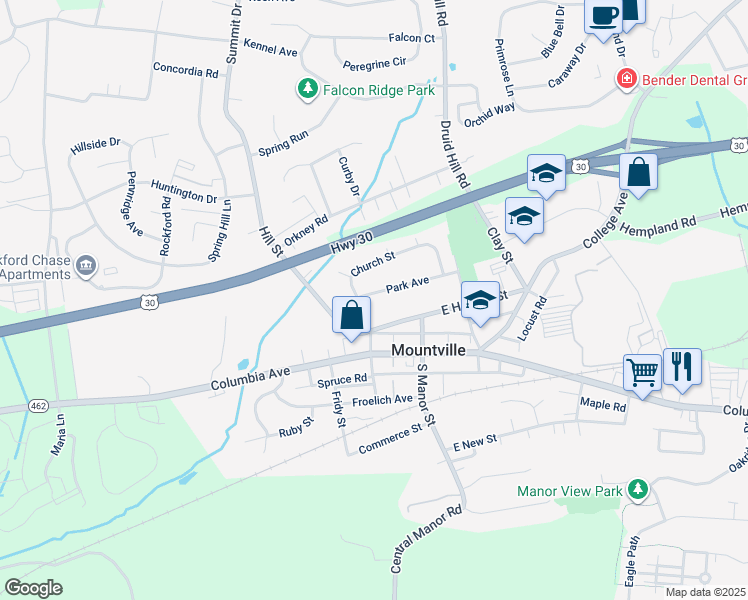 map of restaurants, bars, coffee shops, grocery stores, and more near 46 Park Avenue in Mountville