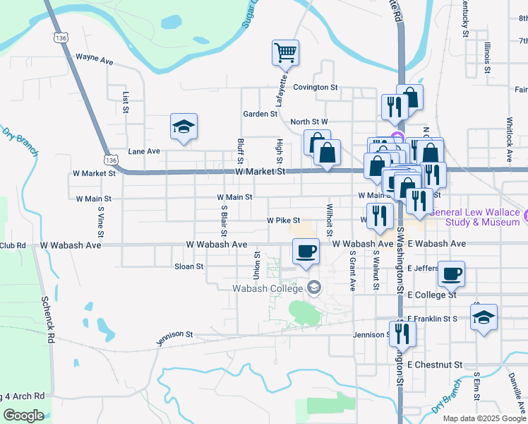 map of restaurants, bars, coffee shops, grocery stores, and more near 109 Marshall Street in Crawfordsville
